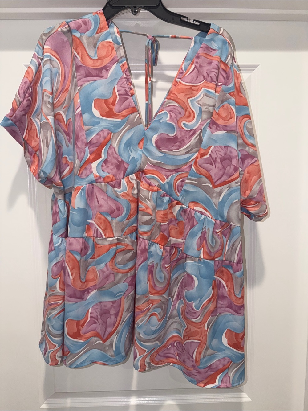 entro Multicolor Swirl V-Neck Blouse — Blue, Pink, Coral, Gray